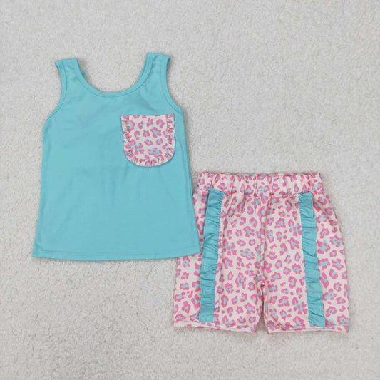 Blue Sleeveless Leopard Print Girls Set
