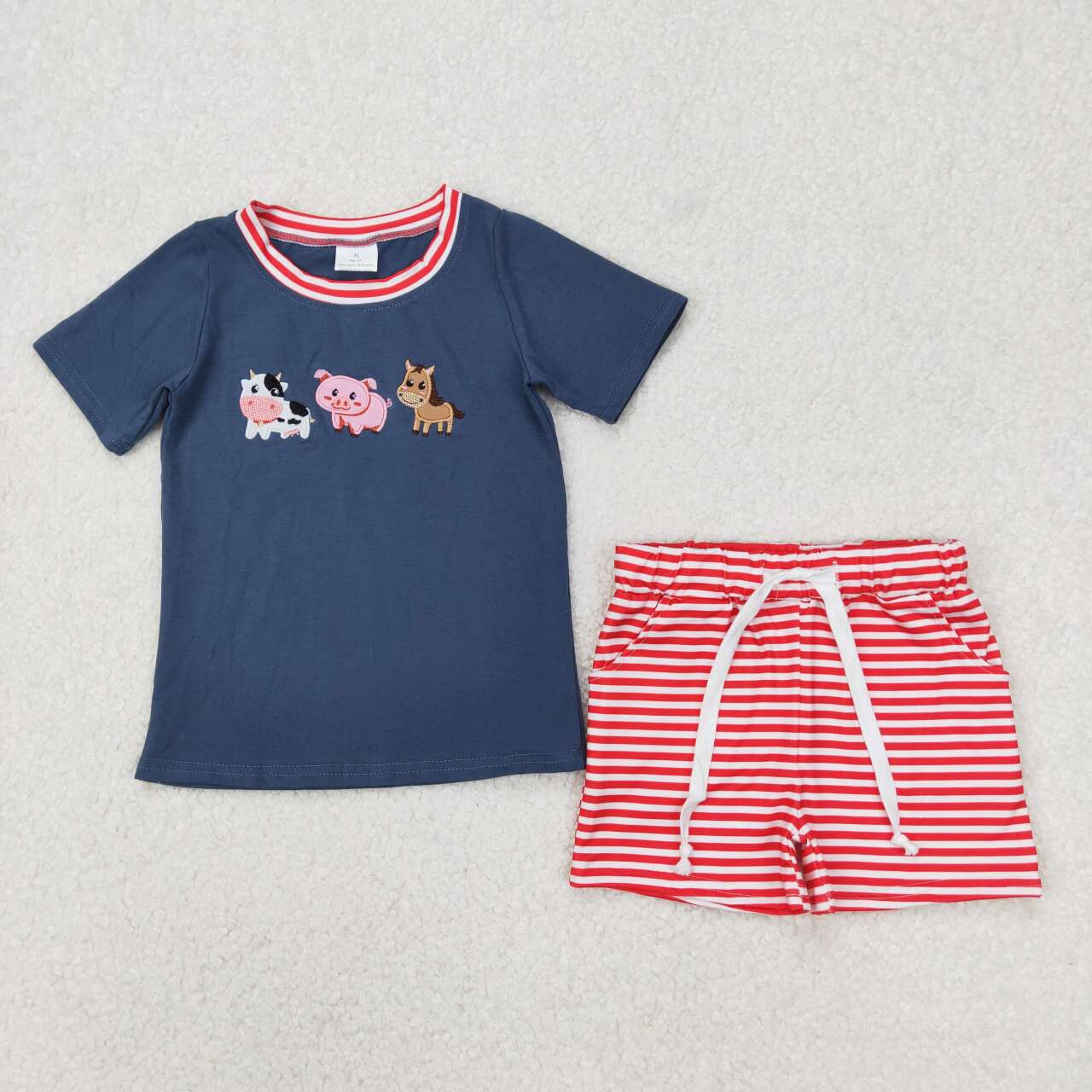 Embroidery Cow and Pig Farm Print Short sleeve Boy Set