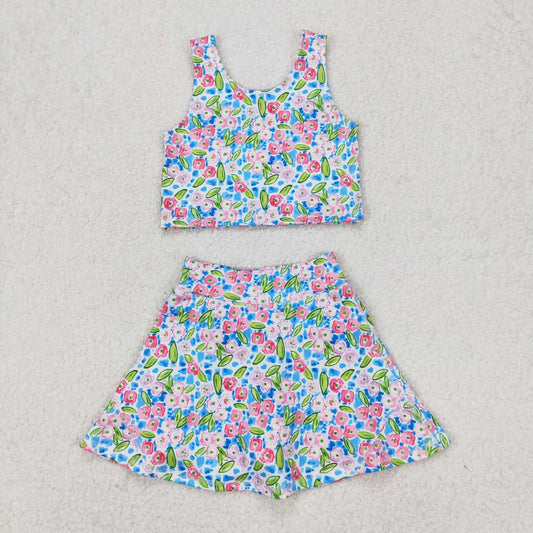 athletic sleeveless flowers girls skort set