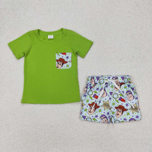 Green Cartoon Print Short sleeve Boy Set