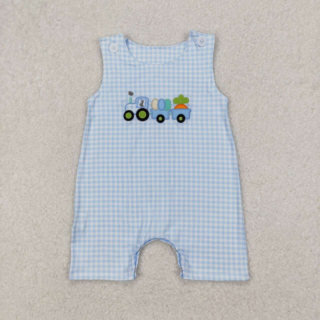 Easter Blue plaid embroidery carrot Boy Baby Romper