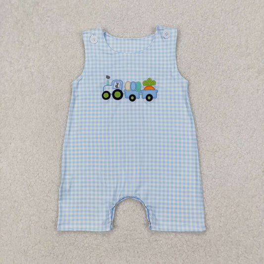 Easter Blue plaid embroidery carrot Boy Baby Romper