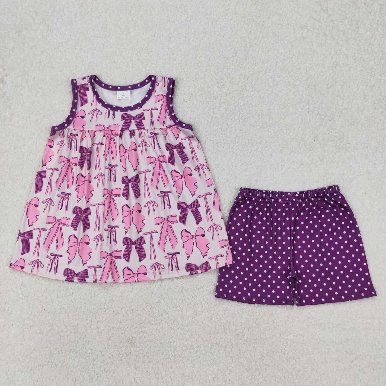 Purple Sleeveless Bow Print Girls Set