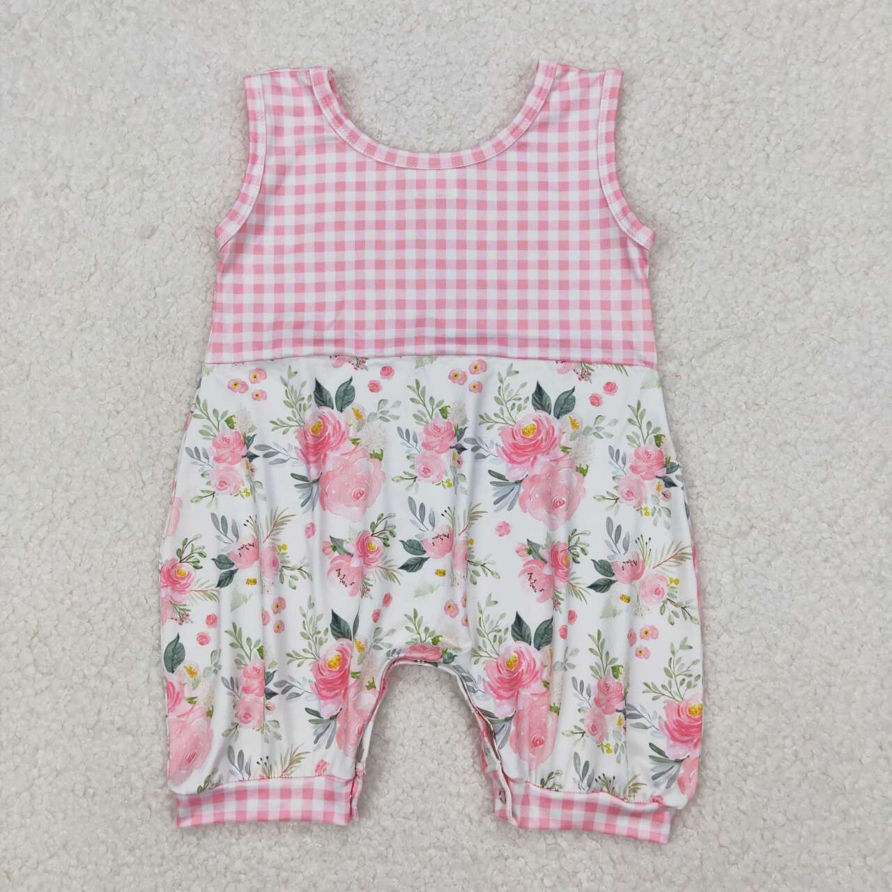 Pink Plaid floral sleeveless Baby Romper