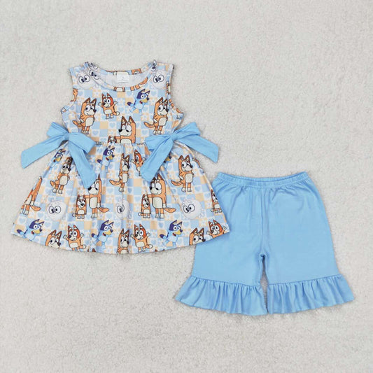 Blue Cartoon sleeveless Summer Girls Suit