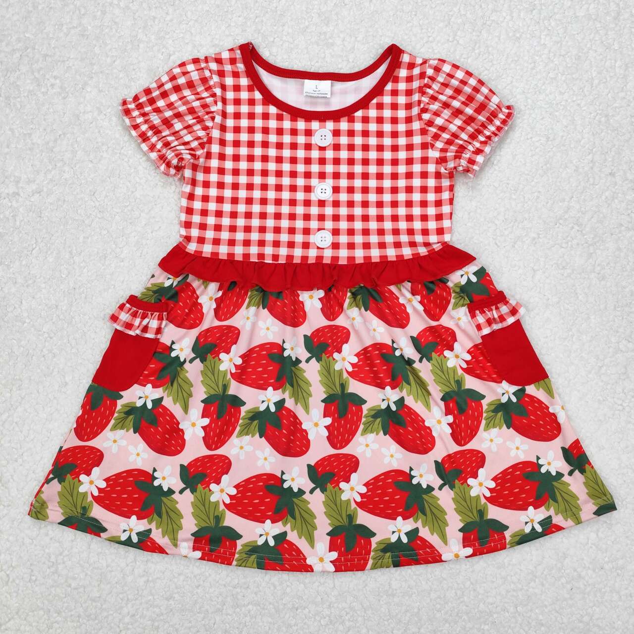 Pink Plaid strawberry With pocket Girls dress