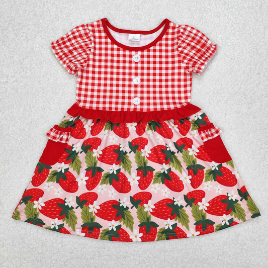 Pink Plaid strawberry With pocket Girls dress