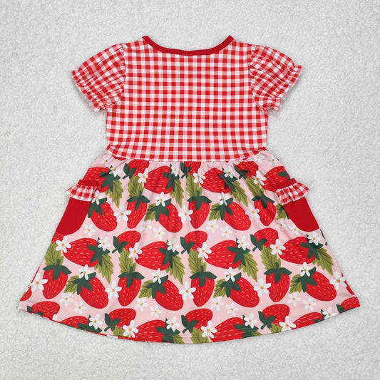 Pink Plaid strawberry With pocket Girls dress