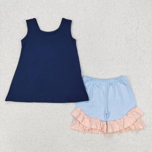 Navy Sleeveless Summer Girls Suit