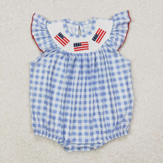 July Of 4th Blue plaid Smock Baby Romper