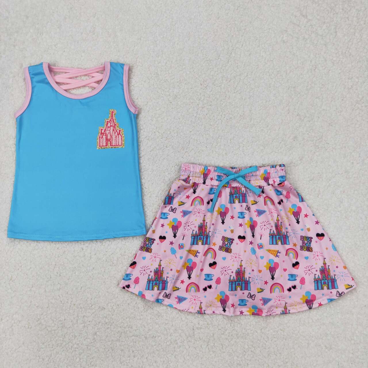 Blue Cartoon Sleeveless Print Girls Set