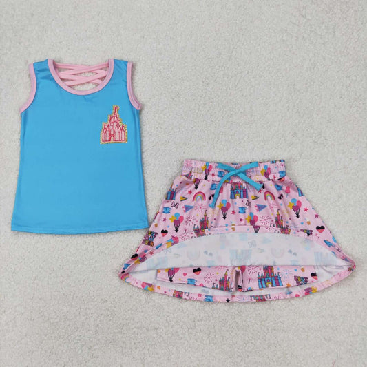 Blue Cartoon Sleeveless Print Girls Set