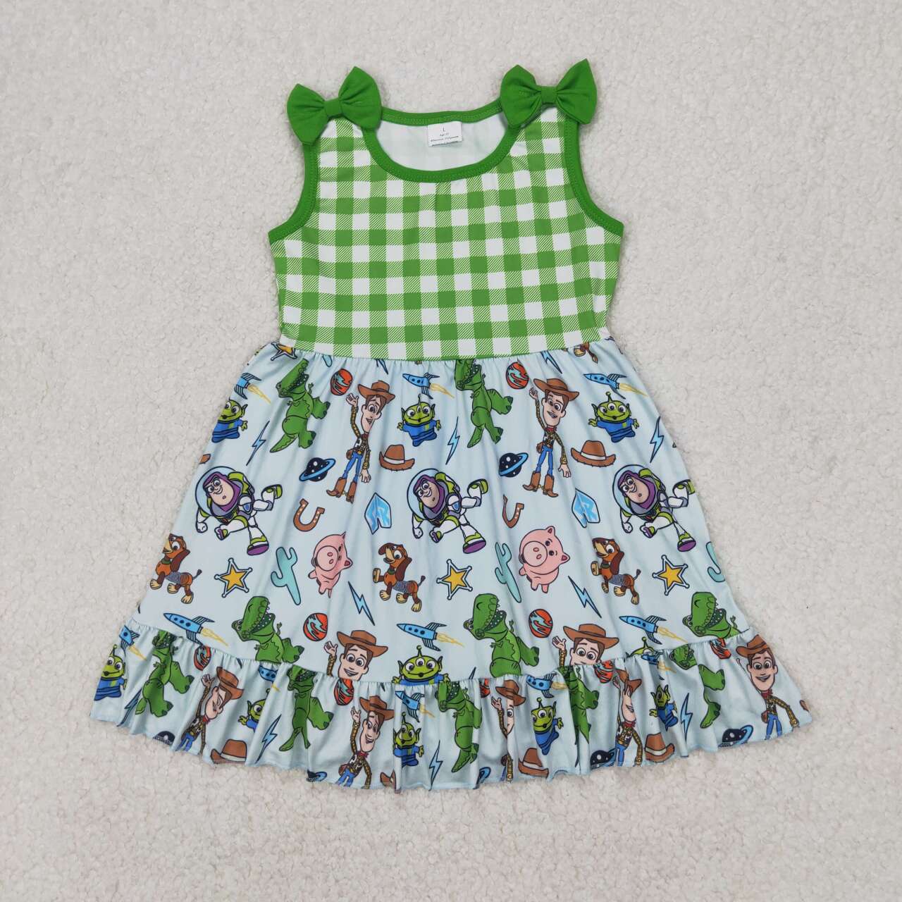 Green Plaid Cartoon print Short Girls Dress