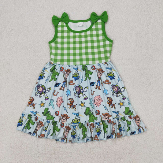 Green Plaid Cartoon print Short Girls Dress