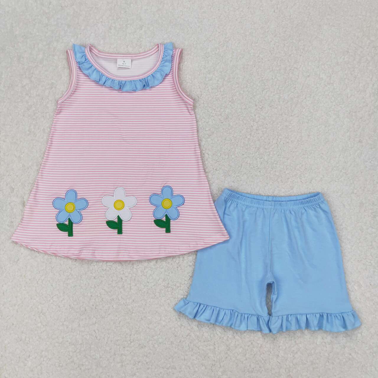 Pink striped embroidered sleeveless Girls Suit