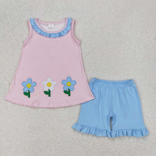Pink striped embroidered sleeveless Girls Suit