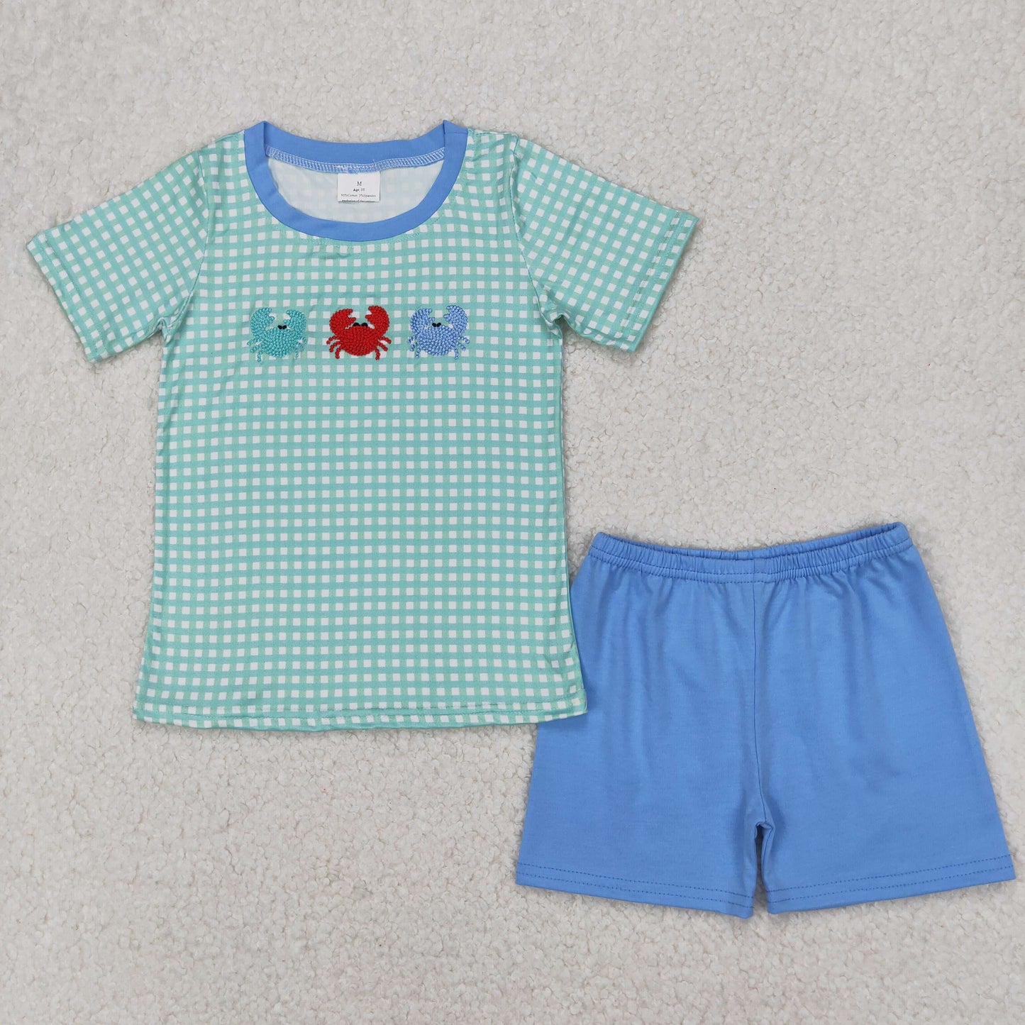 plaid crab Embroidery Short sleeve Boy Set