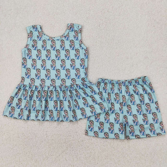 Blue cartoon sleeveless Print Girls Set