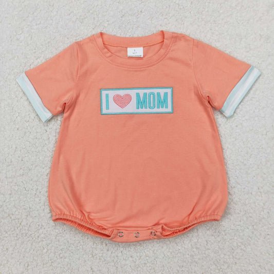 coral i love mom embroidery Baby Romper