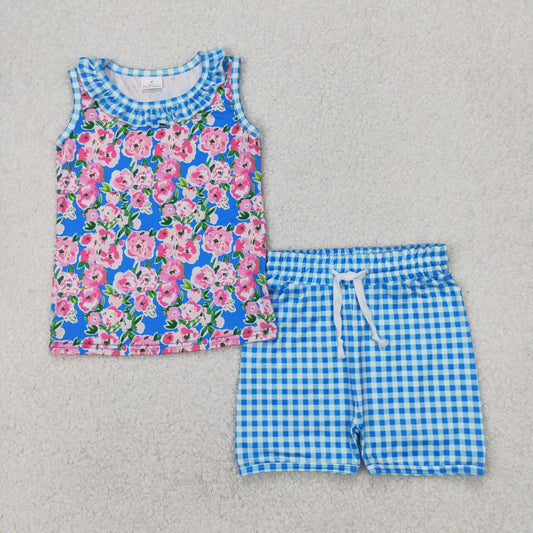Blue floral sleeveless Print Girls Set