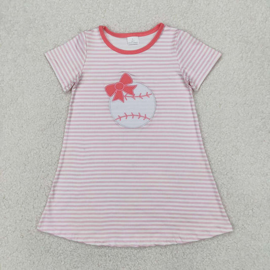 stripe Baseball embroidery Bow Girls short sleeve dresses