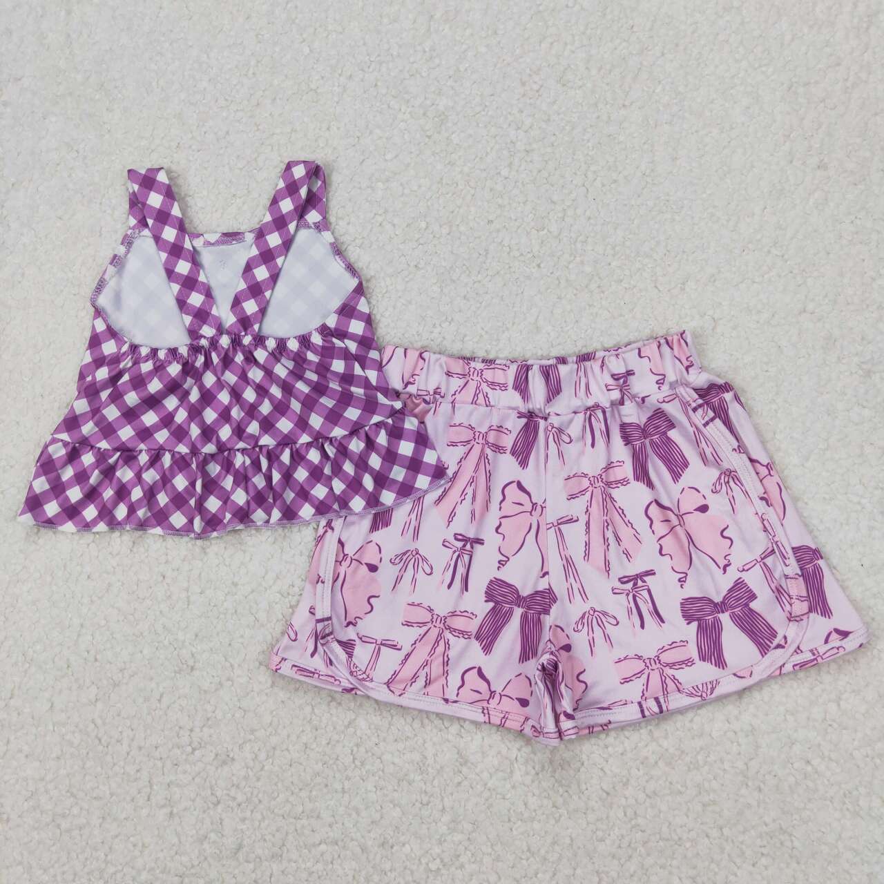 purple plaid Bow girls Set