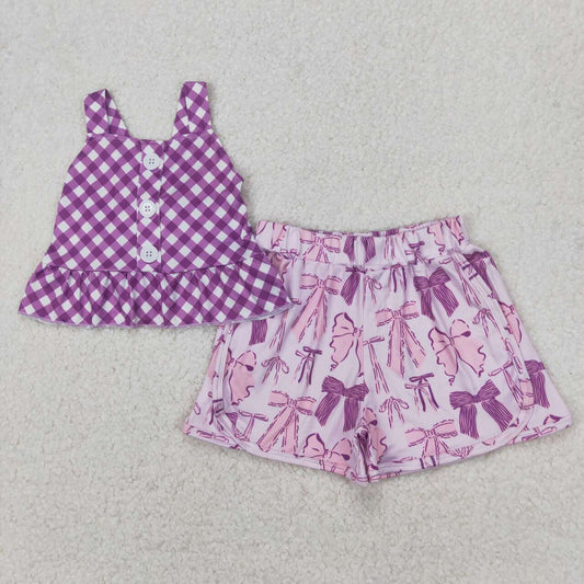 purple plaid Bow girls Set