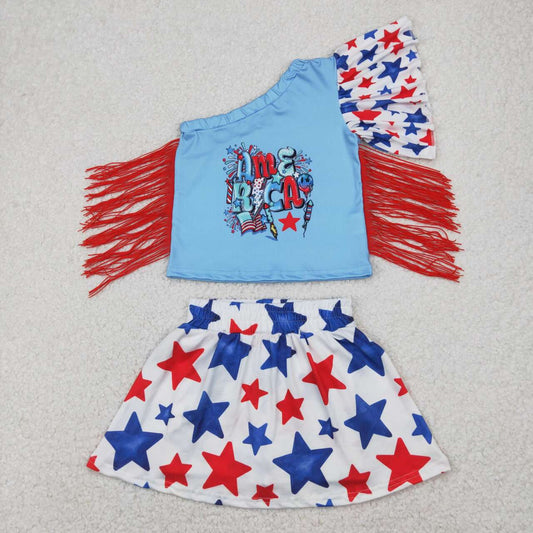 Summer July of 4th with tassels short sleeve girls Set