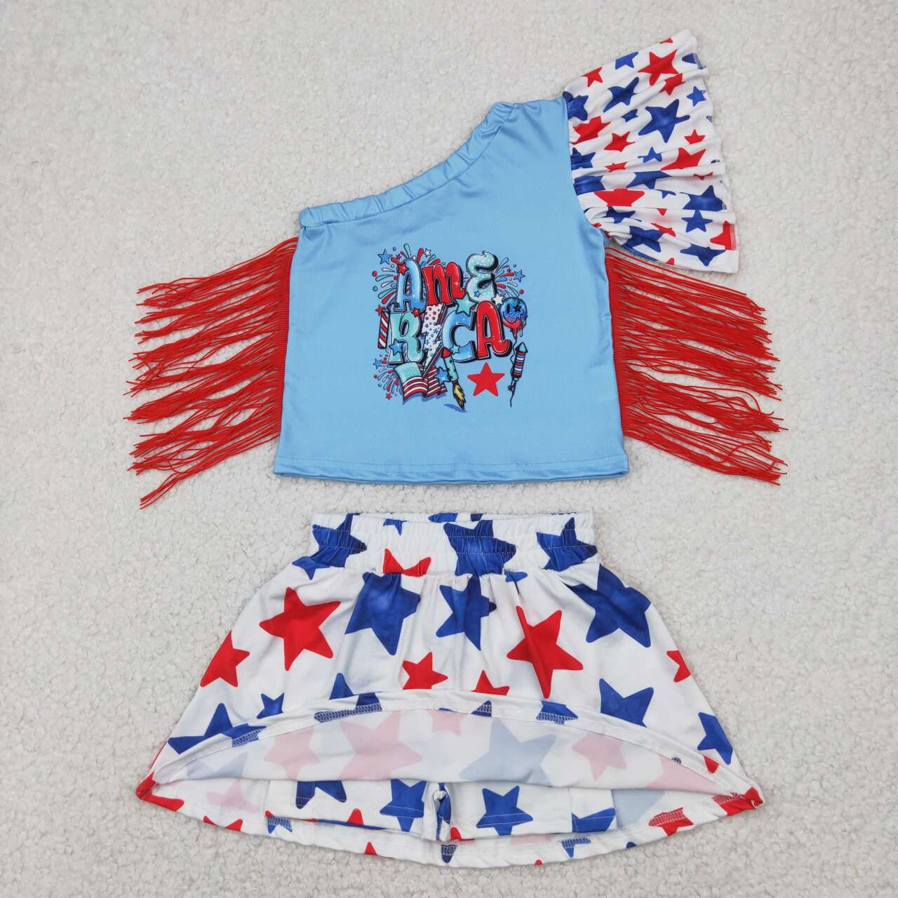 Summer July of 4th with tassels short sleeve girls Set