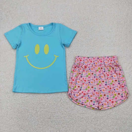 summer Blue smile short sleeve girls Set