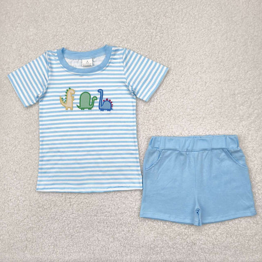 blue Stripe Embroidered Dinosaur Boy Set