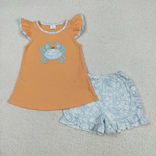 Crab embroidery Girls Suit Summer Set