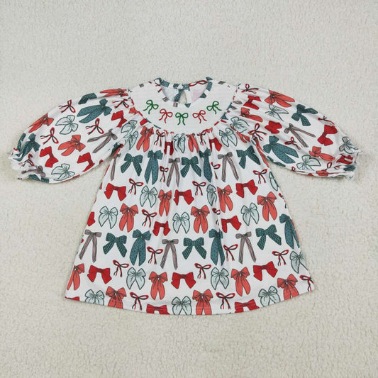 Christmas bow Smock Girls DressGLD1028