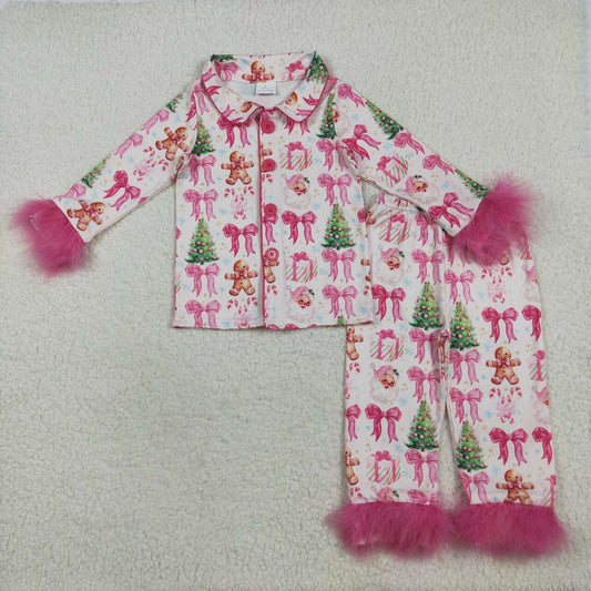 Christmas santa pink bow print Girls PajamasGLP2375
