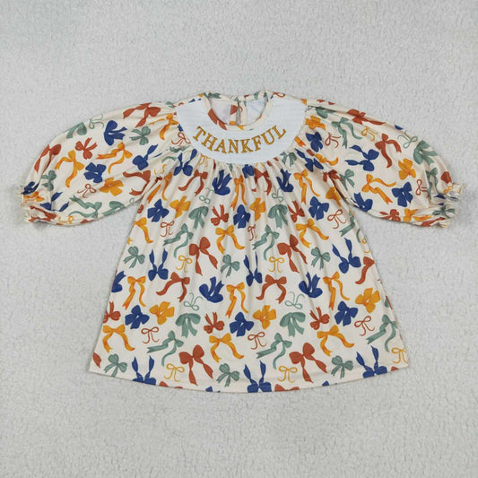 Thanksgiving Thankful bow Smock Girls Dress GLD1086