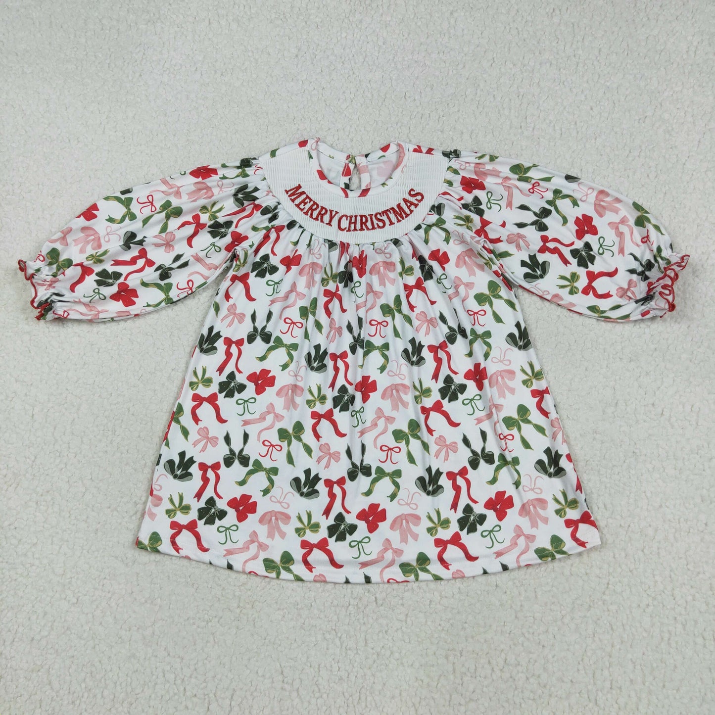 Merry Christmas bow Smock Girls Dress GLD1094