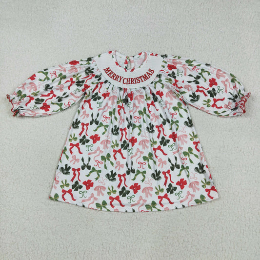Merry Christmas bow Smock Girls Dress GLD1094