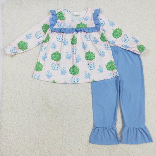 fall blue tree bow long sleeve Girls Set GLP2396