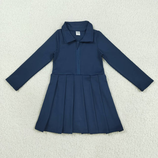navy solid yoga long sleeve print girl dress GLD1151