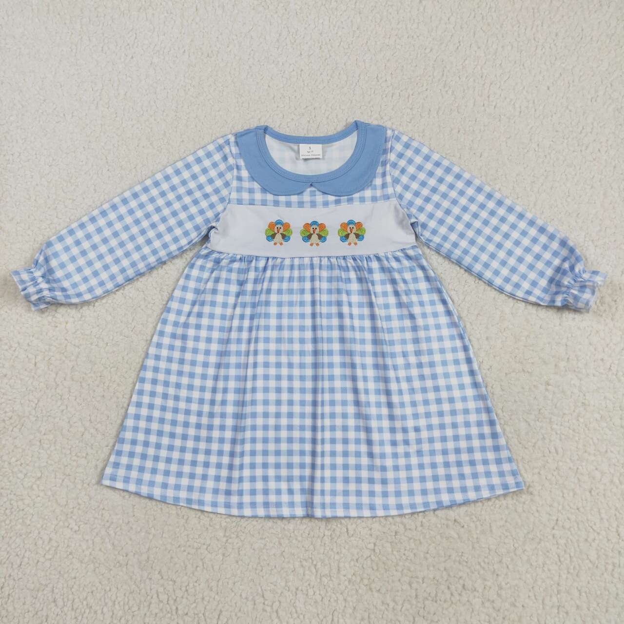 Thanksgiving turkey embroidery Blue plaid Girls dress GLD1070