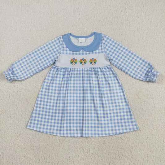 Thanksgiving turkey embroidery Blue plaid Girls dress GLD1070