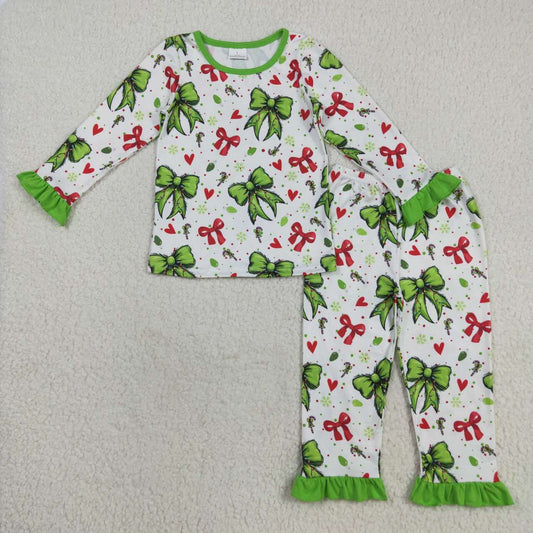 Christmas green Bow long sleeve Pajamas GLP2628