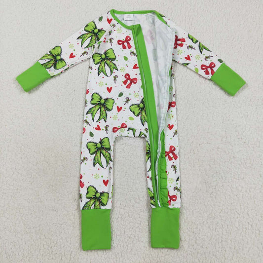 Christmas green Bow long sleeves Baby Romper LR2482