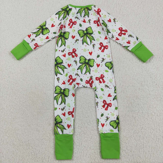 Christmas green Bow long sleeves Baby Romper LR2482