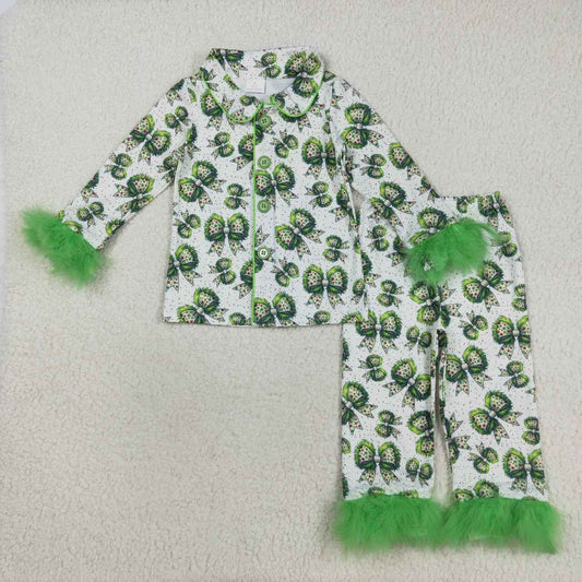 Christmas Green bow print Girls Pajamas GLP2582