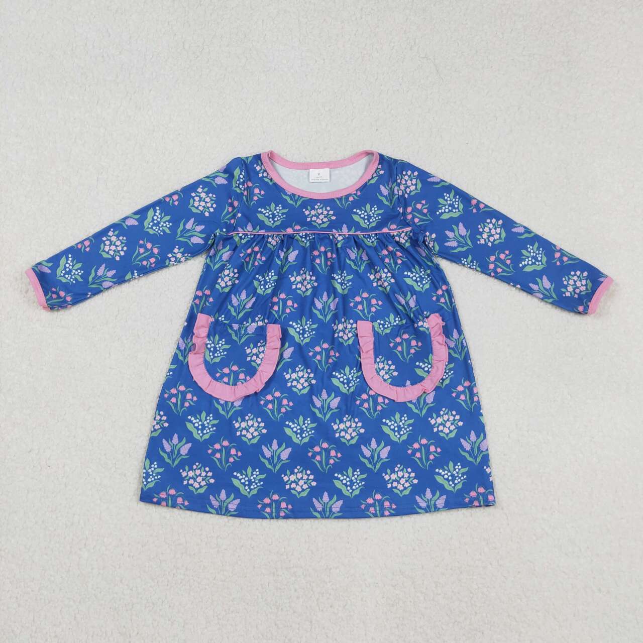 blue floral long sleeve with pocket Girls Dress GLD1257