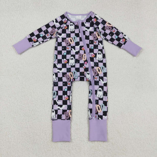 Halloween purple plaid full zip baby romper LR2541