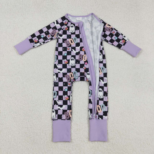 Halloween purple plaid full zip baby romper LR2541