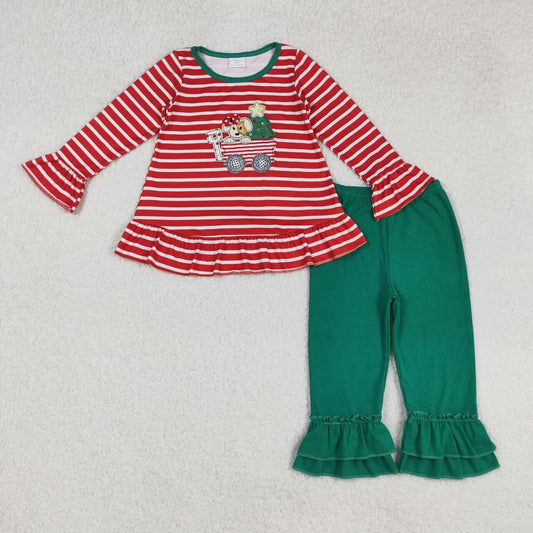 Christmas Red Stripe embroidery Green Girls set GLP2580