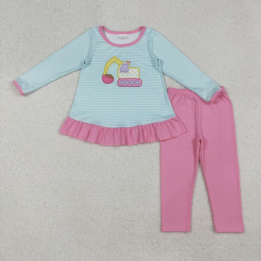Fall Pink Blue embroidered excavator girl's suit GLP2466